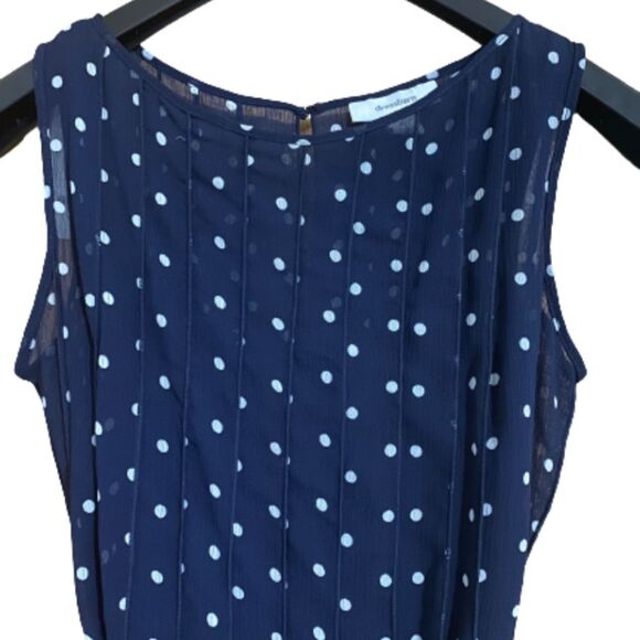 dressbarn Navy & White Sleeveless Polka Dot Pleated Dress w/ Waist Ribbon Tie - Picture 2 of 7